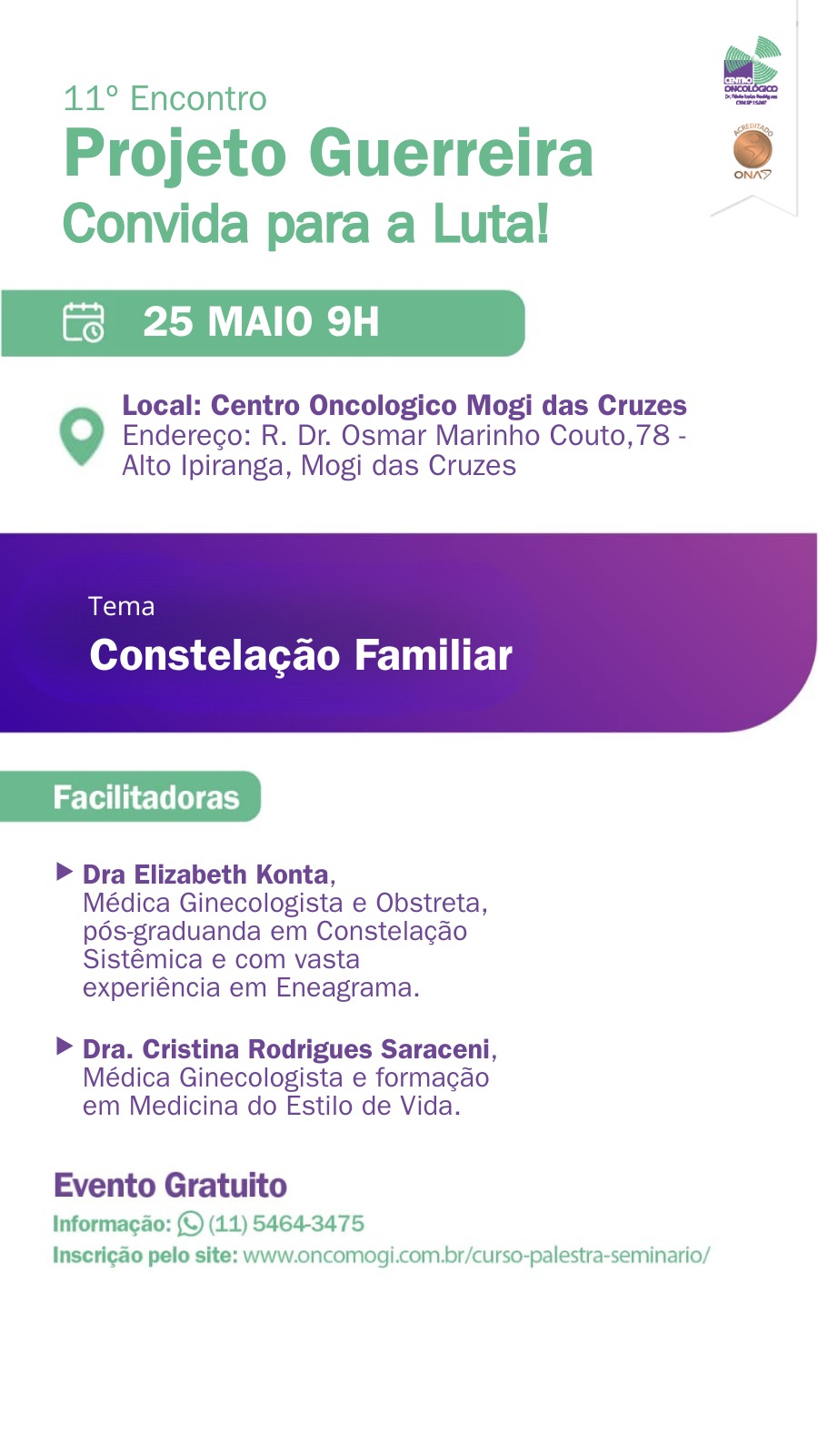 11º Encontro Projeto Guerreiras – Constelação Familiar – 25/05/2026